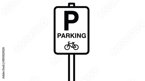A clear and simple black and white icon of a bicycle parking sign, featuring the letter 'P' and a bike symbol.