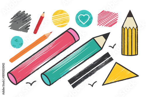 A colorful illustration of school supplies including pencils and crayons on a white background