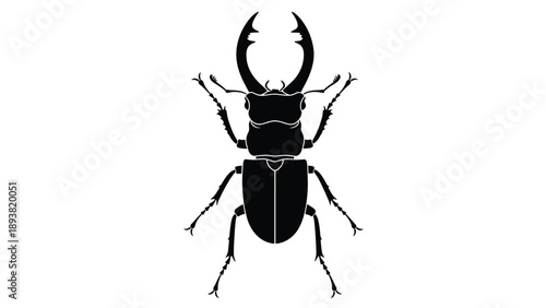 A bold black silhouette of a stag beetle, showcasing its large mandibles and detailed anatomy from a top-down perspective.