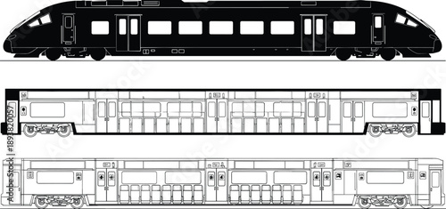 Black vector silhouette and technical line art drawing of a modern passenger train featuring side view perspectives for transit and transportation design