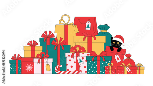 A large, festive pile of colorful Christmas presents with ribbons, featuring a cute black cat in a Santa hat peeking from a gift box.