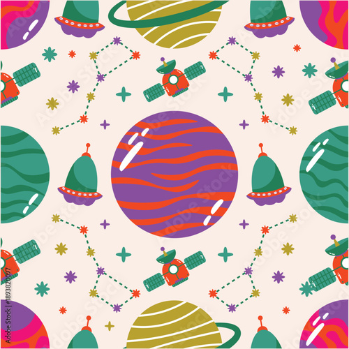 Whimsical Space Seamless Pattern Adorable Planets, Stars, and Rockets in a Playful Cosmic Design