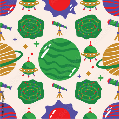 Vibrant Space Seamless Pattern Featuring Planets, UFOs, and Telescopes, Perfect for Kids' Room Decor and Creative Designs