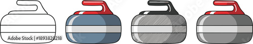 Curling stone illustrations set showing granite rocks in outline, flat, sketch, and colored styles for winter sport equipment design isolated on white background