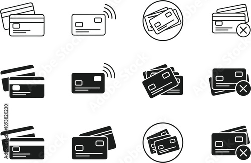 Credit card payment icons set showing contactless cards, blocked transactions, banking symbols, and financial operations in outline and solid styles isolated on white background
