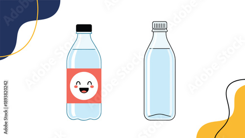 Two simple vector illustrations of plastic water bottles, one with a cute smiling face on the label and one plain.