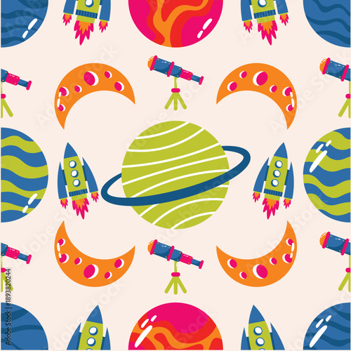 Vibrant Retro Space Seamless Pattern Featuring Planets, Rockets, and Telescopes in a Playful, Stylized Design - Perfect for Kids' Decor and Creative Projects