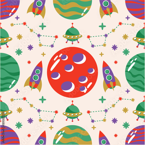 Colorful Space-Themed Seamless Pattern Featuring Planets, Rockets, and Constellations for a Whimsical Cosmic Design