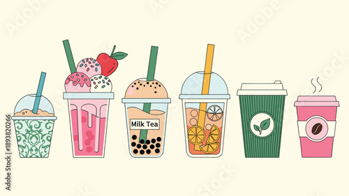 A trendy set of various takeaway drinks, including bubble tea, iced coffee, and fruit smoothies, in a minimalist line art style.