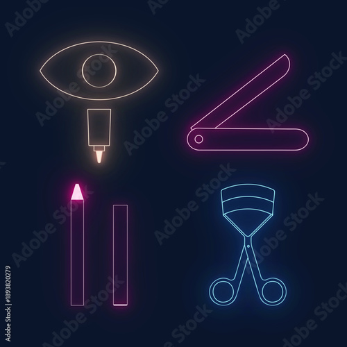 Vibrant Neon Makeup Tools Icons Set for Beauty and Cosmetic Products