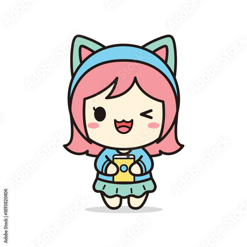 Cute Cartoon Girl with Cat Ears Vector Illustration
