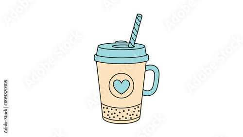 A cute and simple doodle-style illustration of a takeaway coffee or smoothie cup with a heart design, lid, and straw.