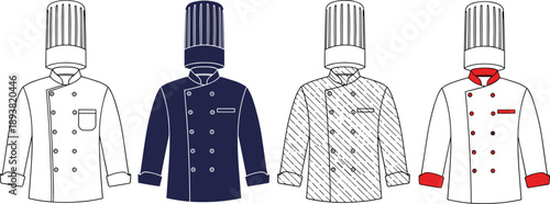 Chef uniform illustration set featuring professional kitchen jackets and hats, restaurant staff apparel designs, culinary workwear styles, and hospitality clothing isolated on white background