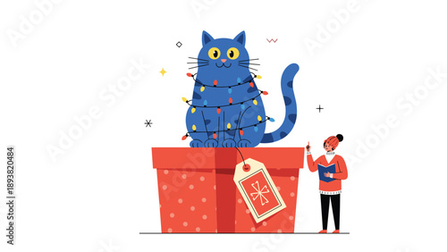 A festive and whimsical illustration of a giant blue cat wrapped in Christmas lights sitting on a gift box, with a person singing.