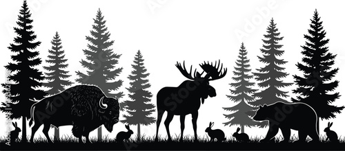 Black vector silhouette of forest animals including a bison moose bear and rabbits in a woodland landscape with pine trees and grass