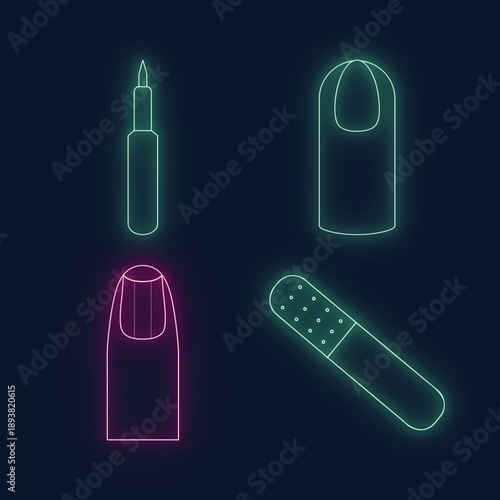 Neon Manicure Tools Set, Nail Polish And File Vector Illustration