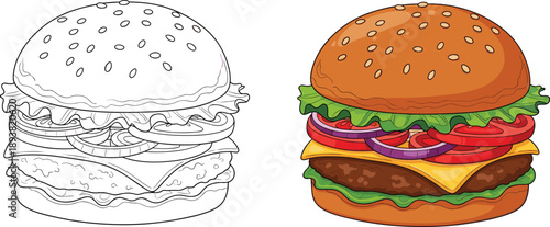 Burger illustration set with outline and full color versions, featuring cheeseburger ingredients, perfect for fast food menus, restaurant branding, and food design.