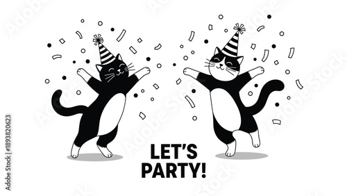 A fun and festive black and white illustration of two happy cartoon cats in party hats dancing under falling confetti.