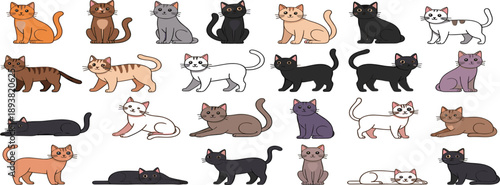 Cute Cat Cartoon Character Collection with Different Breeds Colors and Poses for Pet Illustration Kids Design Stickers Mascots and Animal Vector Set