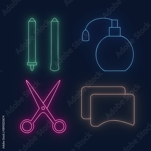 Neon Curling Irons, Perfume, Scissors, And Makeup Set Icon