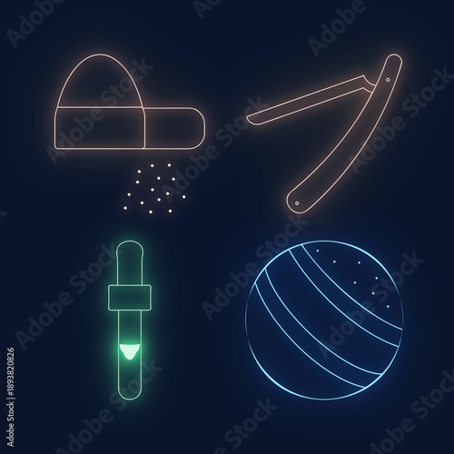 Neon Icons Set Featuring Shaving Razor, Dropper, Cap And Ball