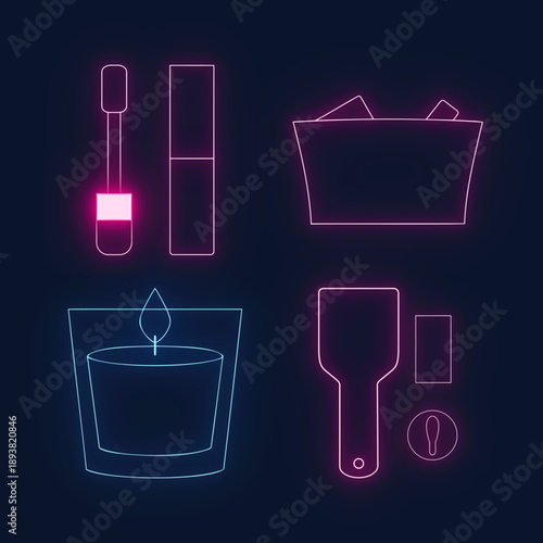 Neon Cosmetics Collection Featuring Lipstick, Candle And Makeup Tools