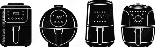 Black vector silhouette set of four modern air fryers with digital displays and temperature settings for kitchen appliance healthy cooking and household design