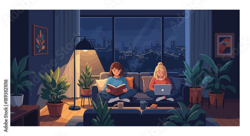 Two Friends Relaxing Together in a Cozy Living Room at Night.