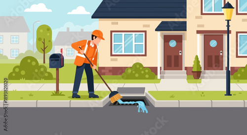 Person mowing the lawn on a sunny suburban street with a small dog nearby and colorful houses.