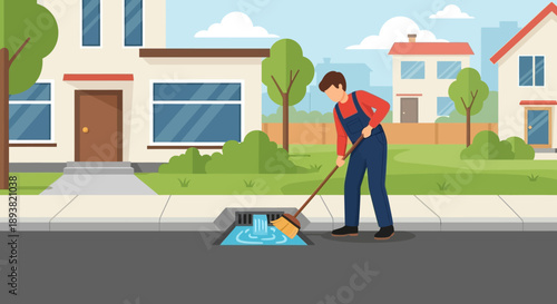 Suburban street cleaning scene with a worker sweeping the road and collecting litter in a sunny neighborhood.