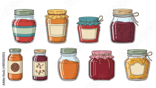 A charming and rustic collection of various glass jars filled with homemade jam and preserves, illustrated in a hand-drawn, vintage style.
