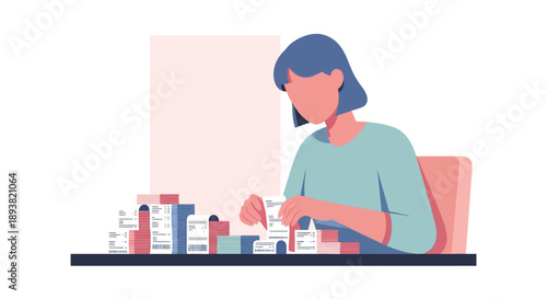 Female caregiver organizing medication bottles and pills at a desk.