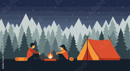 Two campers relaxing beside a campfire with a red tent in a pine forest and mountain backdrop during dusk.