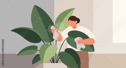 Calm indoor scene of a person tending a lush houseplant and nurturing green foliage by a sunny window.