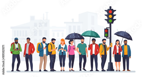 Diverse crowd of pedestrians waiting at a rainy city crosswalk with umbrellas and urban storefronts.