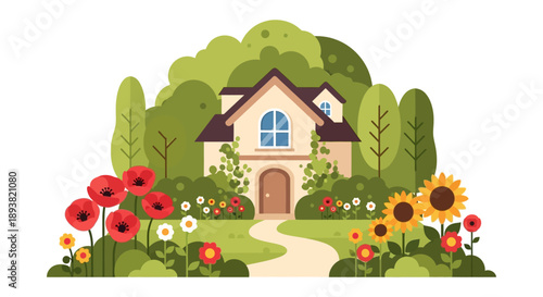 Colorful Cartoon Cottage in a Sunny Flower Garden by a Winding Path.