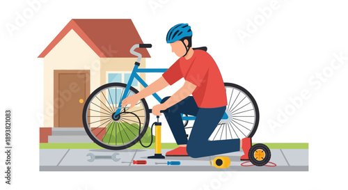 Person repairing a bicycle outdoors in a home workshop scene.
