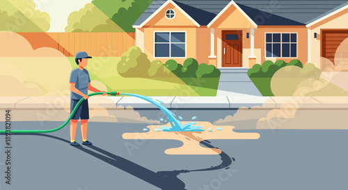 Cartoon suburban street scene with a person near a puddle and pastel houses under a sunny sky in a quiet neighborhood.