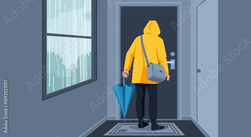 Person in a yellow raincoat with an umbrella approaching a doorway on a rainy day.