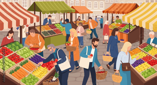 Busy outdoor market scene with colorful stalls, shoppers, and vendors in a lively urban marketplace.