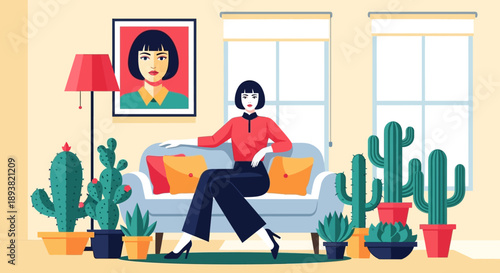 Cozy indoor living room scene with a person among lush plants and natural light.