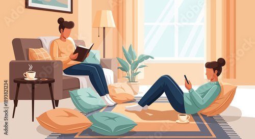Cozy living room scene with family and friends relaxing and reading in sunlight.