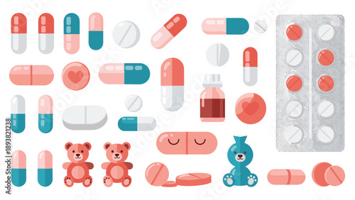 Collection of colorful cartoon pills, capsules, tablets, and a medicine bottle, featuring cute bear-shaped vitamins for children's healthcare concepts.