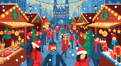 Bustling Christmas Market at Night with Festive Stalls, Lights, and Shoppers in Seasonal Attire.