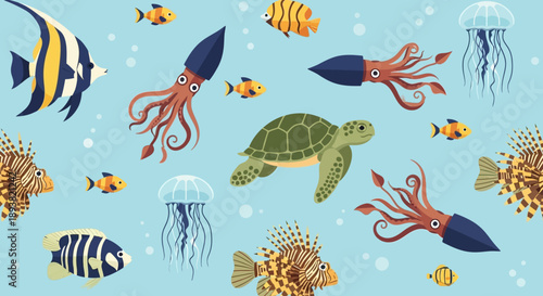Colorful Underwater Scene Featuring Turtles, Fish, Jellyfish and Coral in a Bright Ocean Habitat.