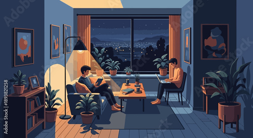 Cozy evening gathering in a warmly lit living room with plants and people.