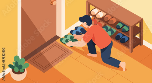 Young man kneeling to try on shoes at a home entryway, captured in a casual indoor setting.