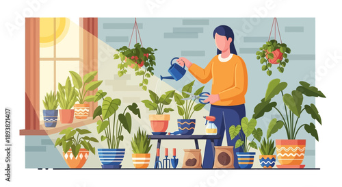 Bright indoor plant sanctuary with a person tending potted greenery near a sunny window.