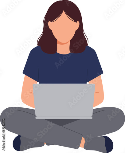 Young Woman Working on Laptop Computer Sitting Cross Legged Remote Work Concept Illustration
