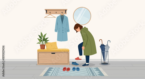 Person cleaning and tidying a cozy home interior during daily chores.